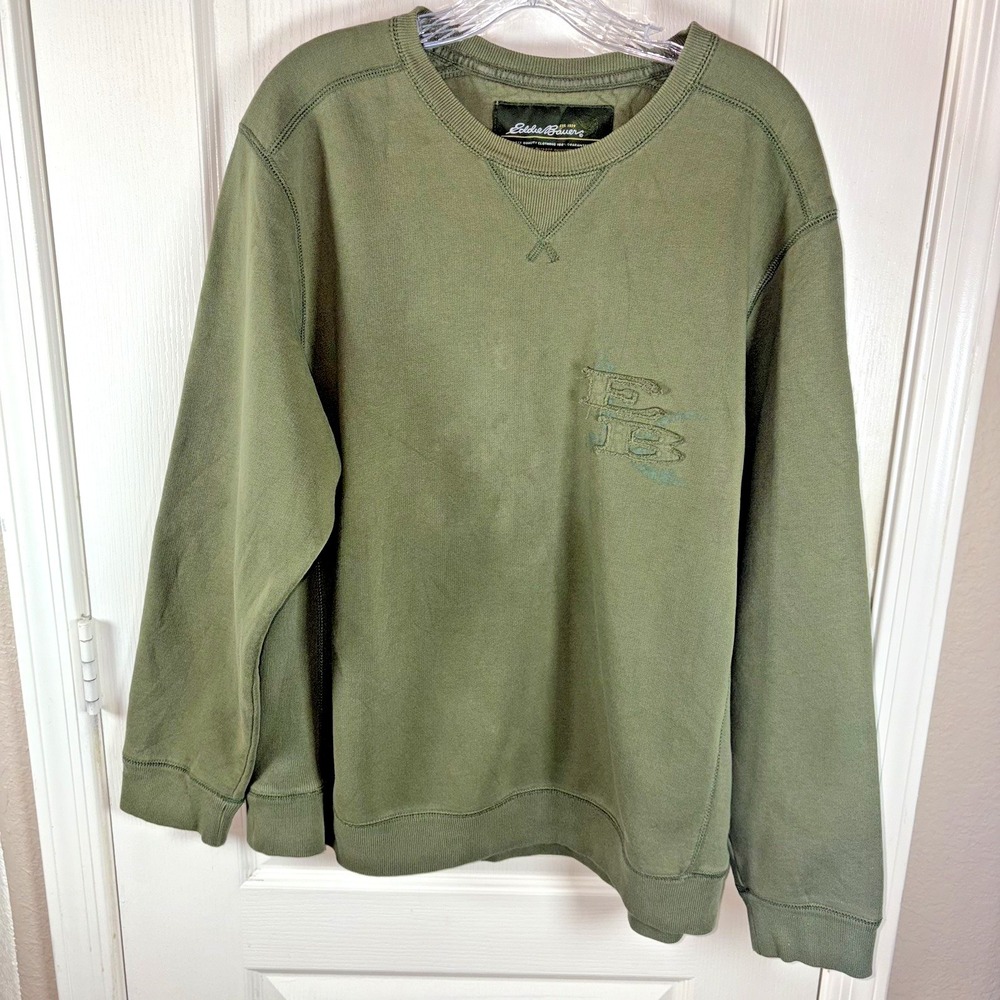 Eddie Bauer Men's Sweatshirt Large Olive Green Logo Crew Neck EUC Quality Classi